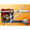A replica katana sword with a white handle and silver-colored guard, displayed in front of a graphic of the character Kenpachi Zaraki from the anime Bleach.