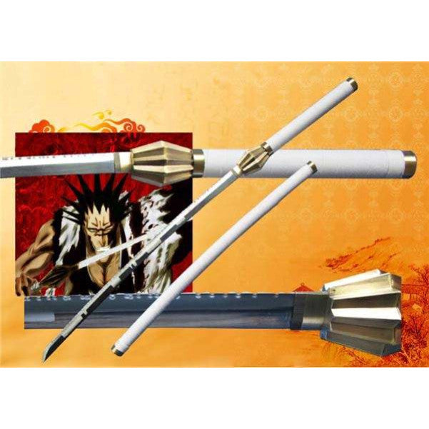 A replica katana sword with a white handle and silver-colored guard, displayed in front of a graphic of the character Kenpachi Zaraki from the anime Bleach.