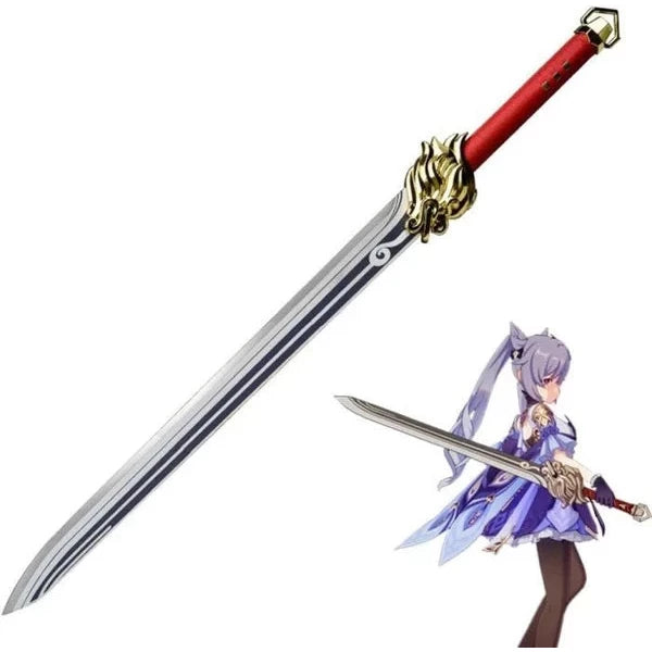 Sword with gold handle and red blade next to an anime-style character holding a similar sword.