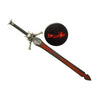 Decorative sword with a black sheath featuring a red logo on a white background