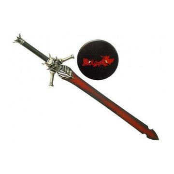 Decorative sword with a black sheath featuring a red logo on a white background