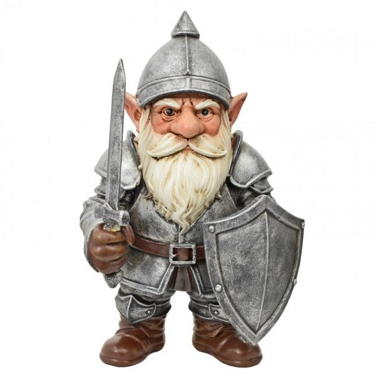 A collectible garden gnome figurine dressed as a knight in weathered silver armor, holding a sword and shield, on a white background with a 'The Knight Shop' logo in the bottom right corner.