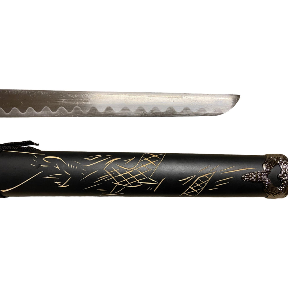 Sword with black sheath featuring patterns on a white background