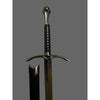 Sword with a black handle and silver blade on a gray background