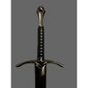 Sword with a black handle and silver blade on a gray background