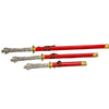 Three red swords with silver and gold handles on a white background