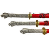 Two ornate swords with detailed dragon designs on a white background