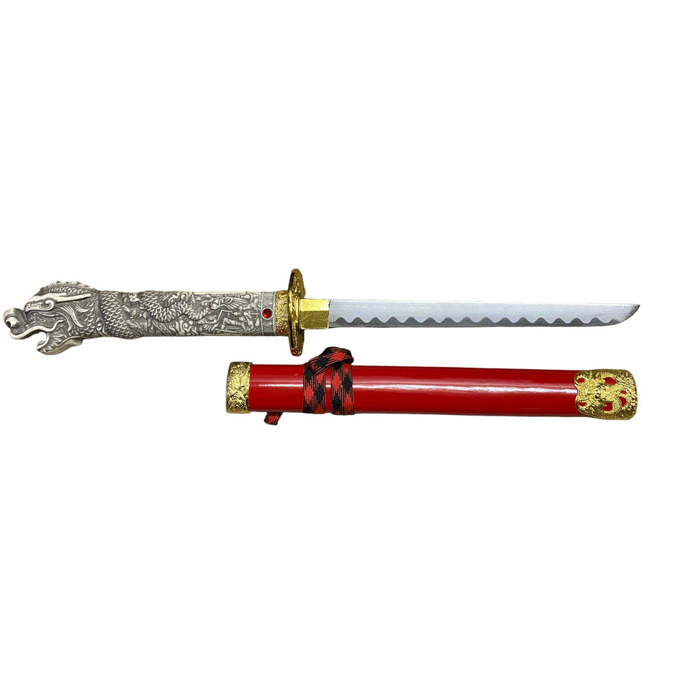 Decorative sword with red sheath on a white background