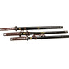 Three black samurai swords with brown sheaths on a white background