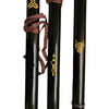 Three black swords with gold symbols on a white background