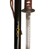 Sword with a black sheath and decorative elements on a white background
