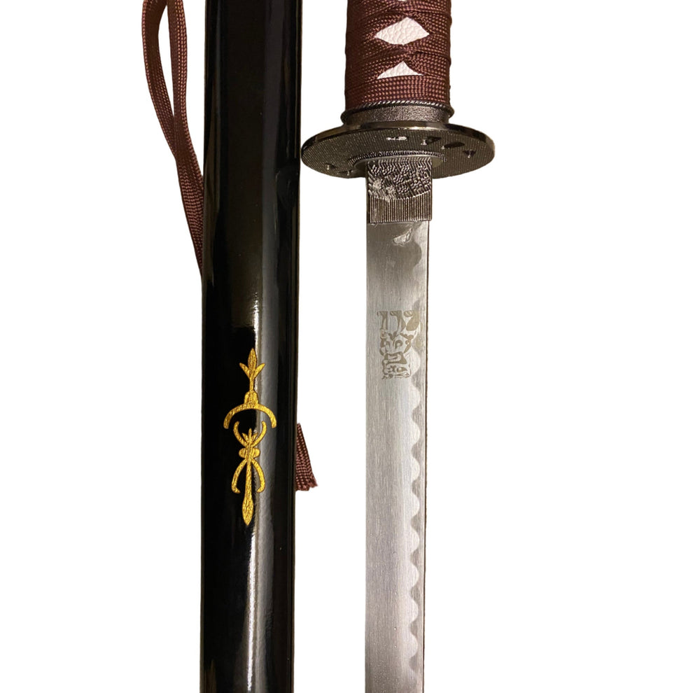 Sword with a black sheath and decorative elements on a white background