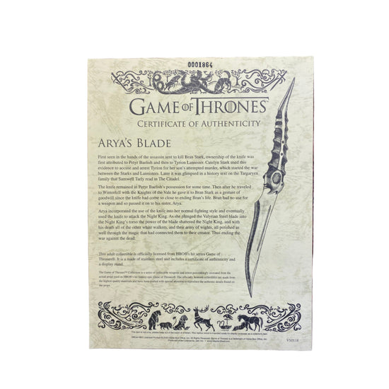 Game of Thrones certificate of authenticity for Arya's Blade