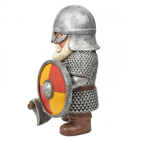 A small medieval knight figurine wearing silver chainmail armor and a metal helmet, holding a round shield with red and yellow quarters. The figurine stands on a white background with a small 'The Knight Shop' logo in the bottom right corner.