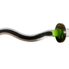 Close-up of a curved metal rod with a green label on a white background