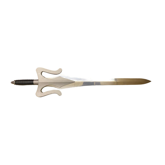Decorative sword with a gold blade and black handle on a white background