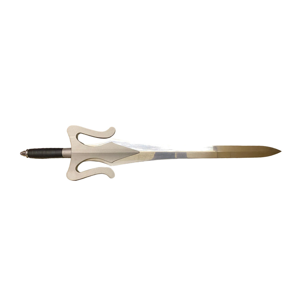 Decorative sword with a gold blade and black handle on a white background