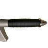 Close-up of a black and grey cylindrical object sword handle on a white background