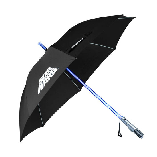 Black umbrella with blue light saber handle on a white background
