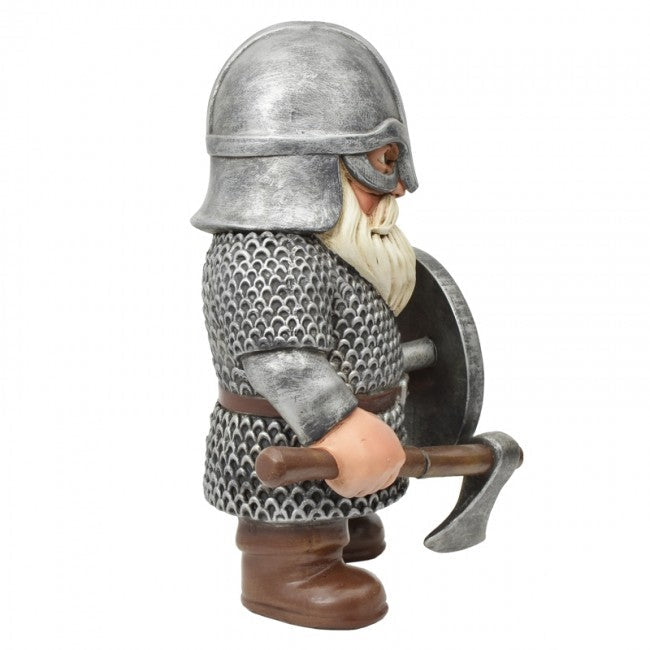 A medieval knight garden gnome figurine wearing silver chainmail armor, a silver helmet, and a white beard, holding a brown axe and a silver shield, shown against a plain white background.