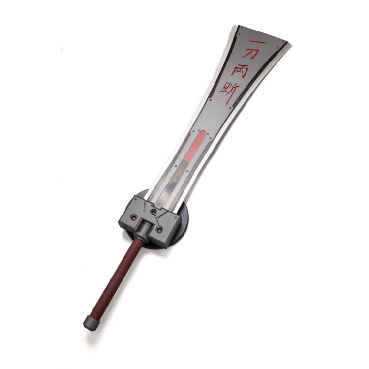 Sword with a red blade and black handle on a white background