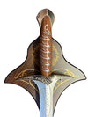 Decorative sword with wooden handle and silver blade on a textured brown background