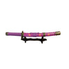 Purple  sword with decorative elements on a stand against a plain background