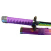 Purple sword handle with decorative patterns on a brown background