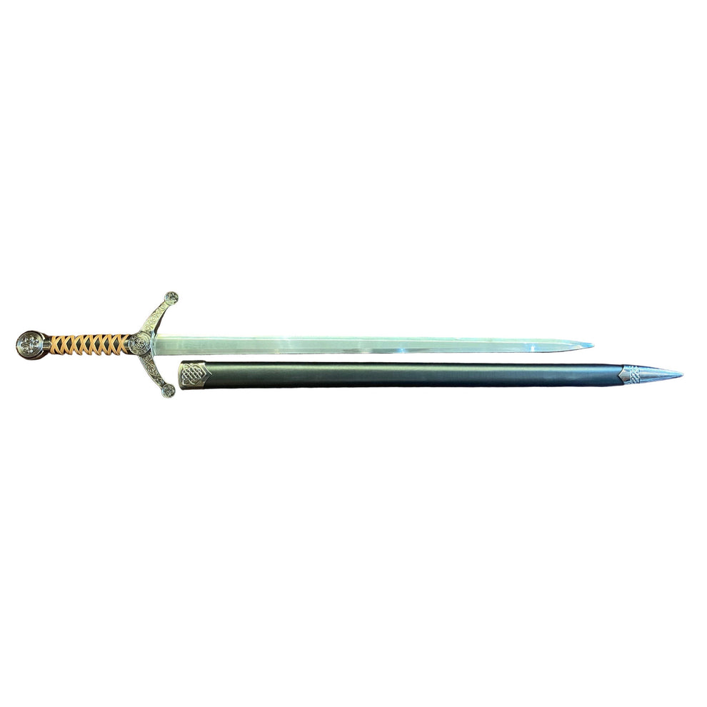 Decorative sword on a textured brown surface