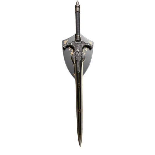Decorative sword with ornate handle and blade on a white background