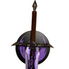 Decorative weapon with a brown handle and metallic blade on a white background