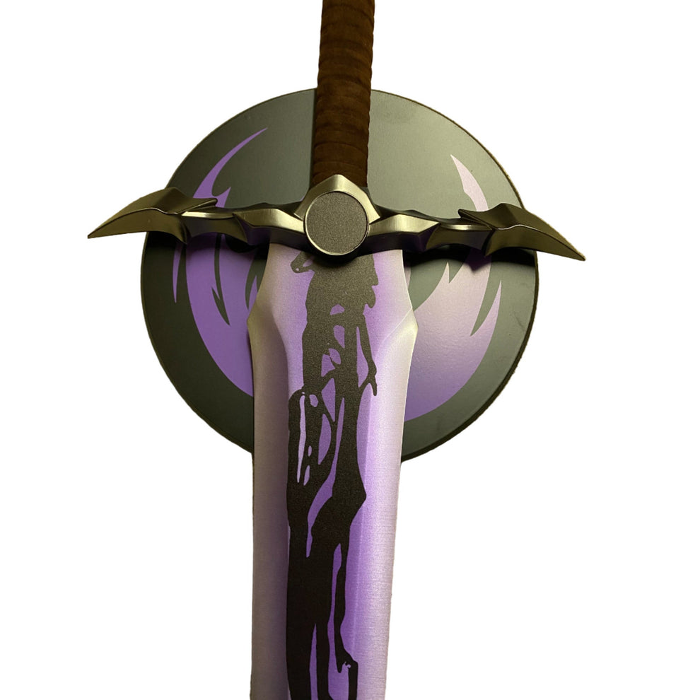 Sword with a purple blade and gold hilt on a white background