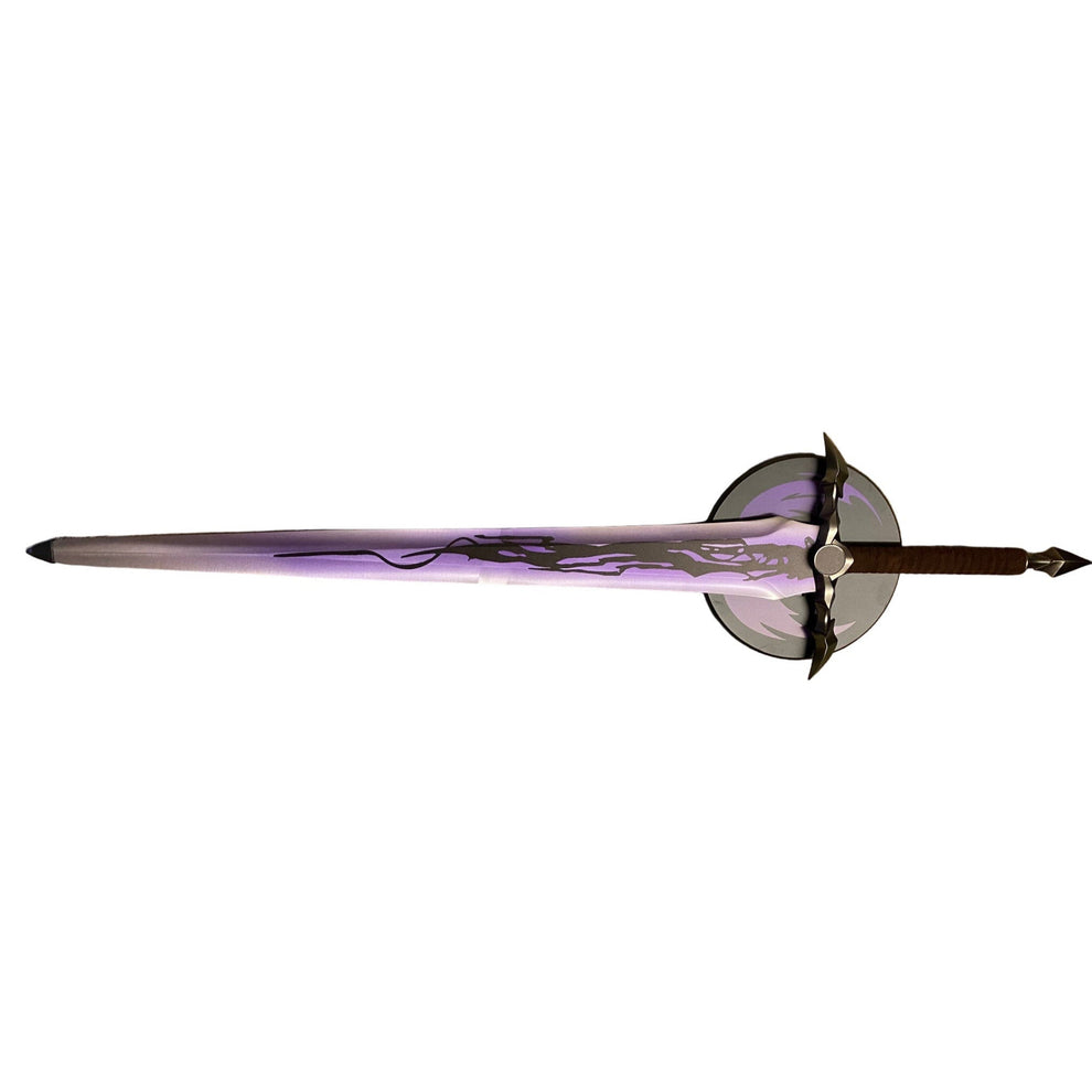 Decorative sword with purple blade and silver hilt on a white background
