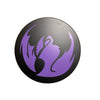 Round black object with purple flame-like design on a white background