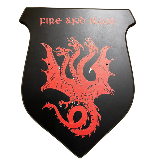 Black plaque with red dragon design and 'Fire and Blood' text on a beige carpet.