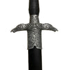 Decorative sword handle with intricate metalwork on a white background