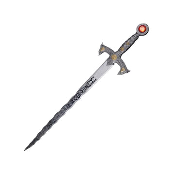 Decorative sword with intricate designs on a dark background