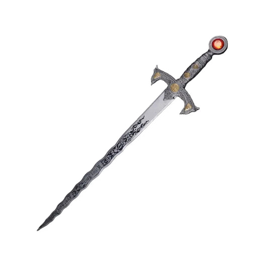 Decorative sword with intricate designs on a dark background