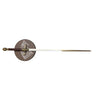 Fencing sword with a round guard featuring a design on a white background