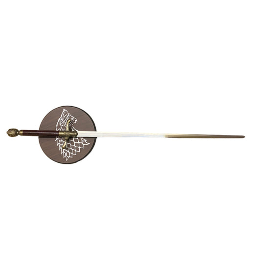 Fencing sword with a round guard featuring a design on a white background