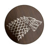 Wooden plaque with a wolf head design on a white background