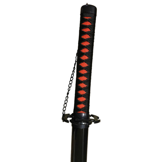 Black sword sheath with red patterns and chain on a white background