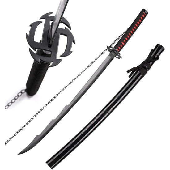 Black sword with decorative hilt on a white background