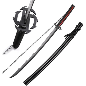 Black sword with decorative hilt on a white background