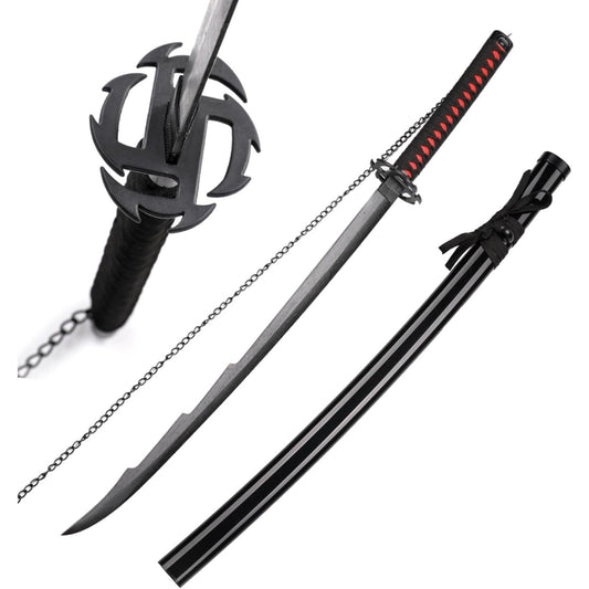 Black sword with decorative hilt on a white background